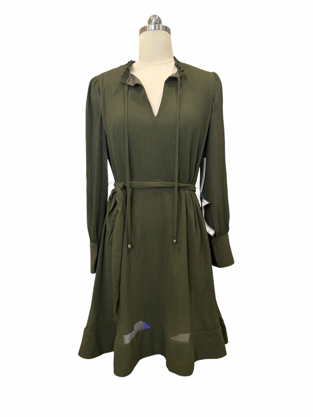 Eliza J Pleated Tie Waist Shift Dress Long Sleeve Split Neck Olive Green 6 NWT - Picture 6 of 14